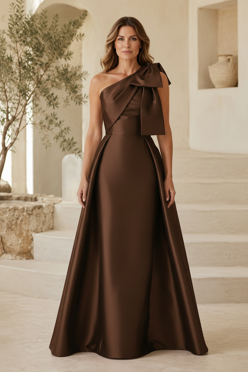 One-Shoulder Bow A-Line Satin Gown