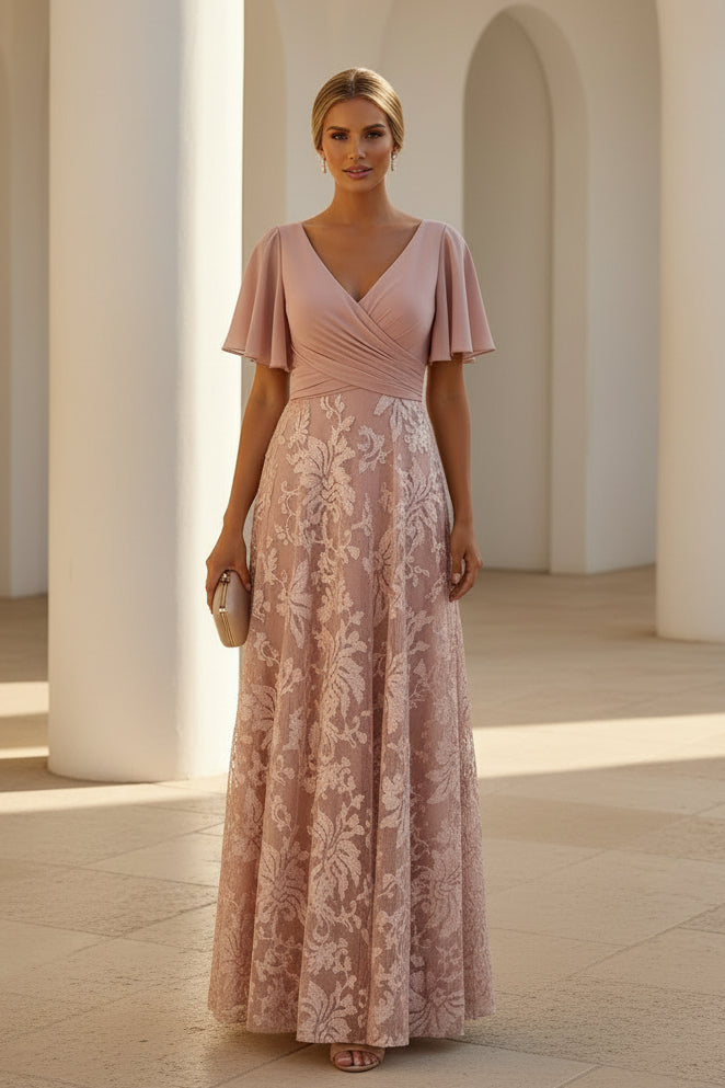 Flutter Sleeve V-Neck Lace A-Line Maxi Formal Dress