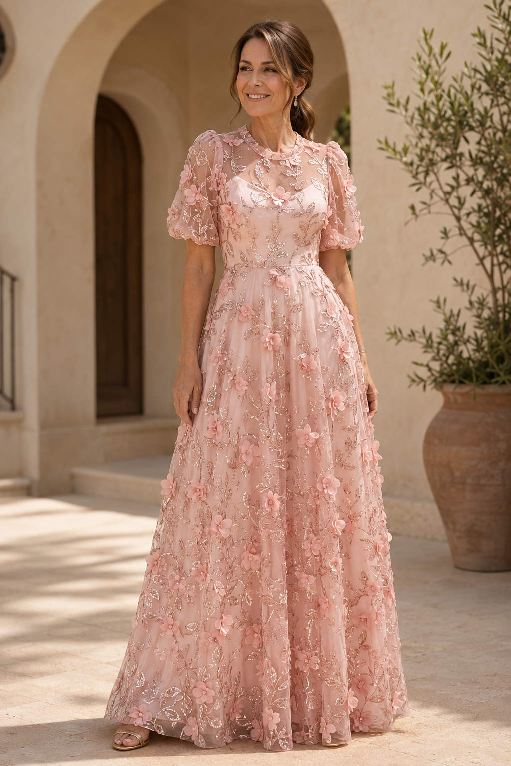 3D Floral Applique Puff Sleeve A-Line Gown