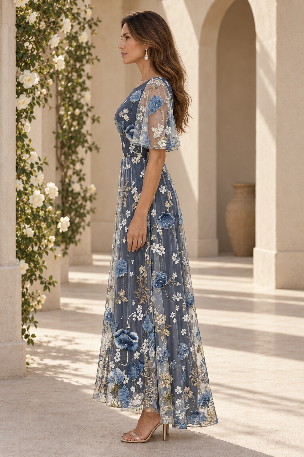 Floral Embroidered A-Line Dress with Flutter Sleeves