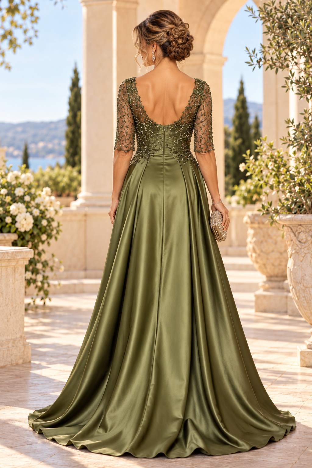 Ruched Satin Gown with Beaded Sheer Column