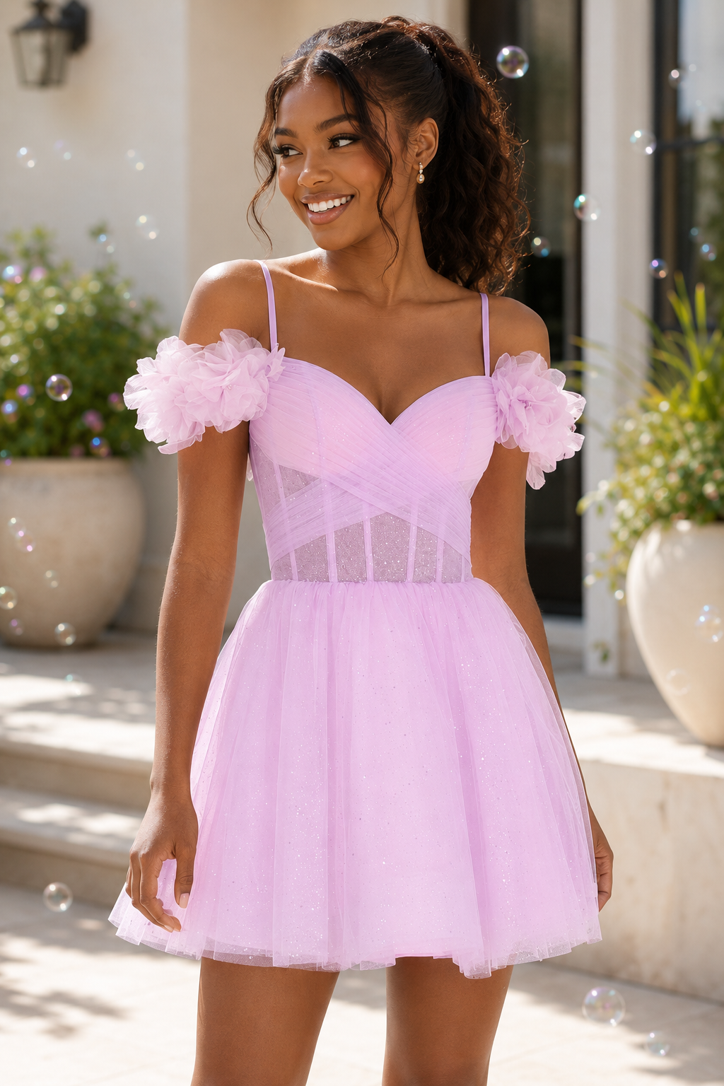 Glitter Tulle Sweetheart Corset Mini Dress
