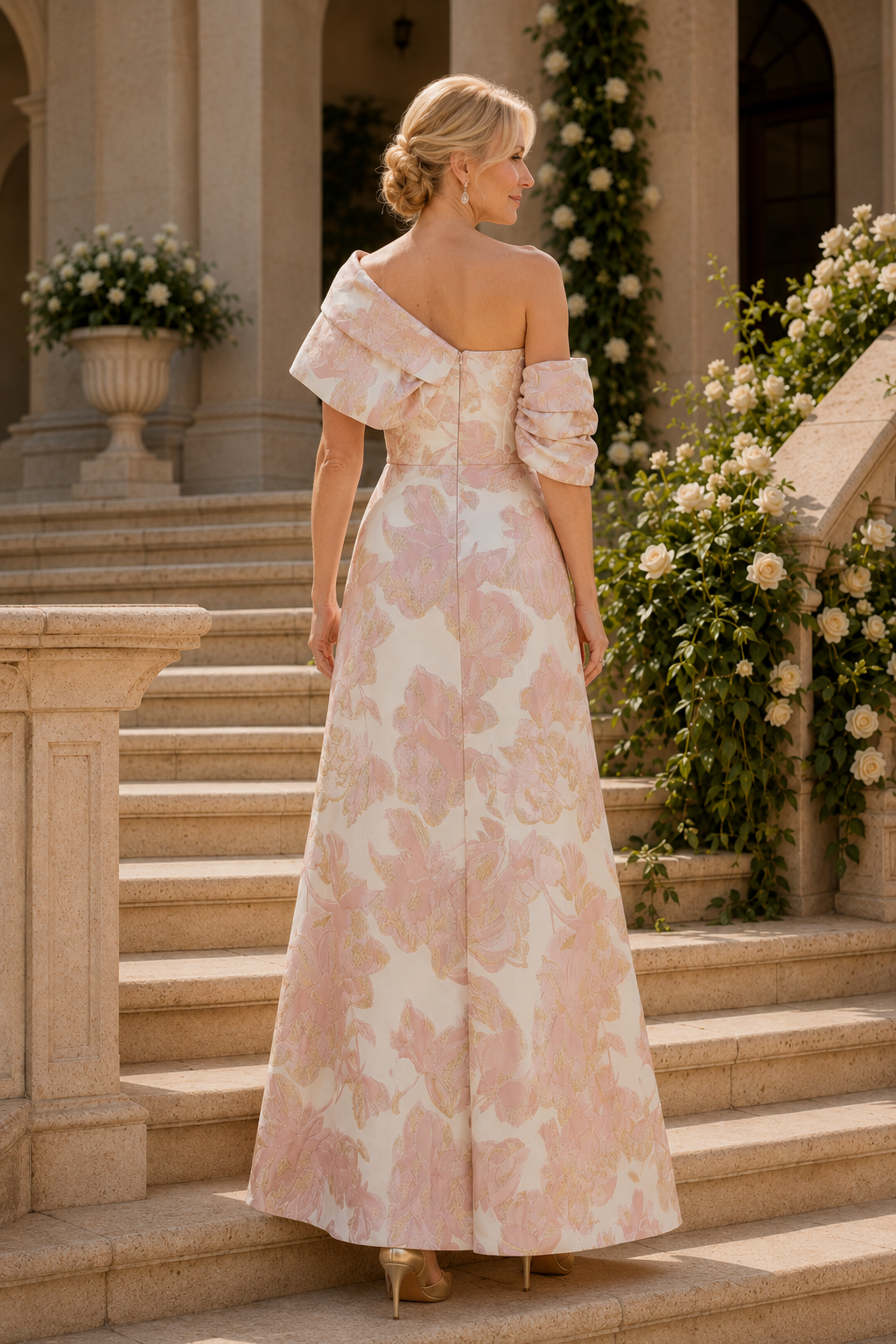 One-Shoulder Pleated Jacquard A-Line Evening Gown
