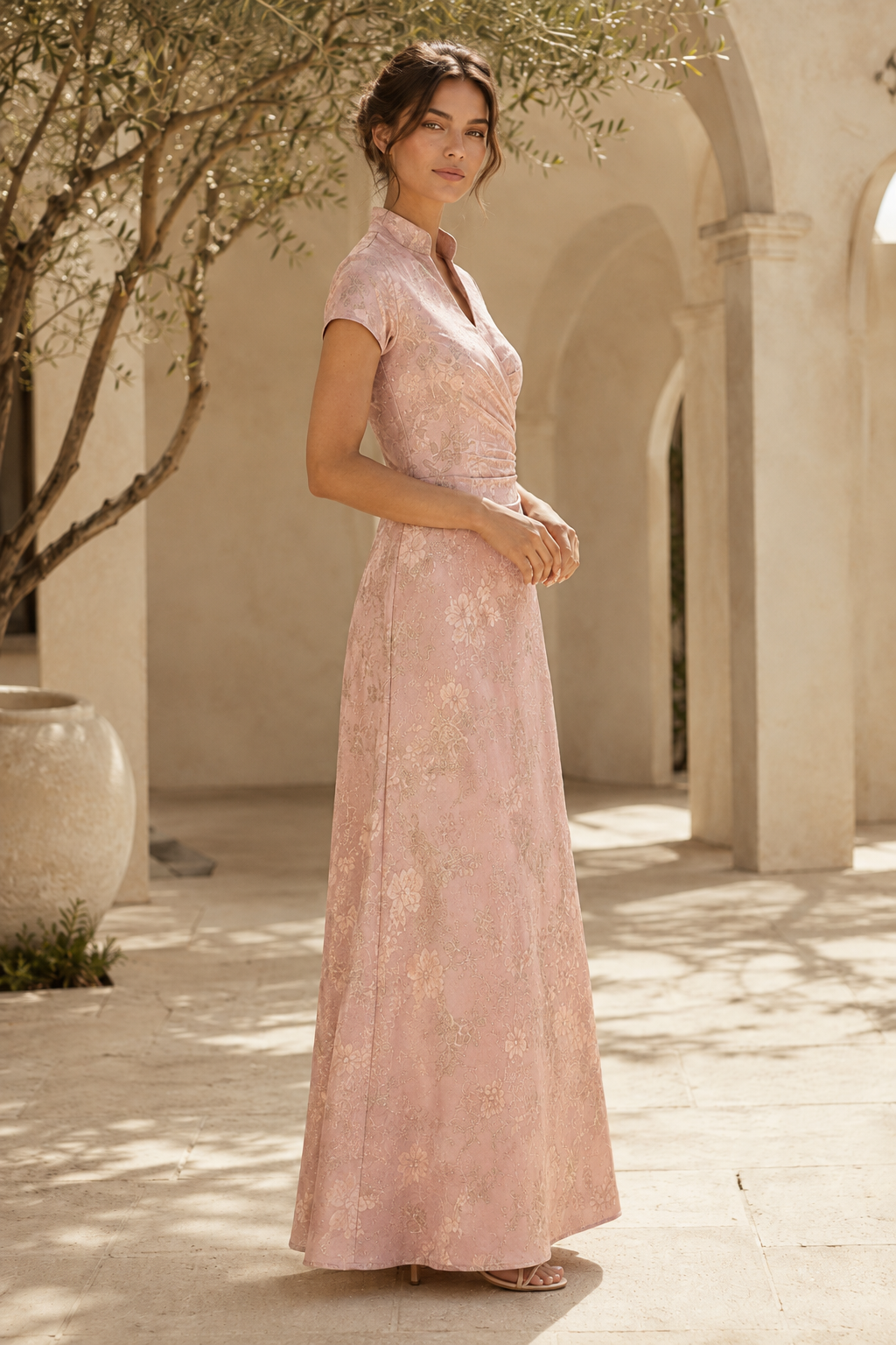 Floral Jacquard Mandarin Collar Evening Gown