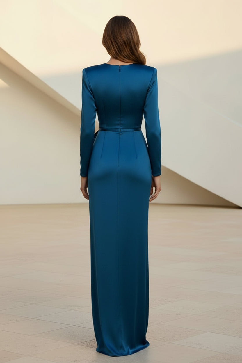 Satin Long Sleeve Gown with Waist Drape and Slit