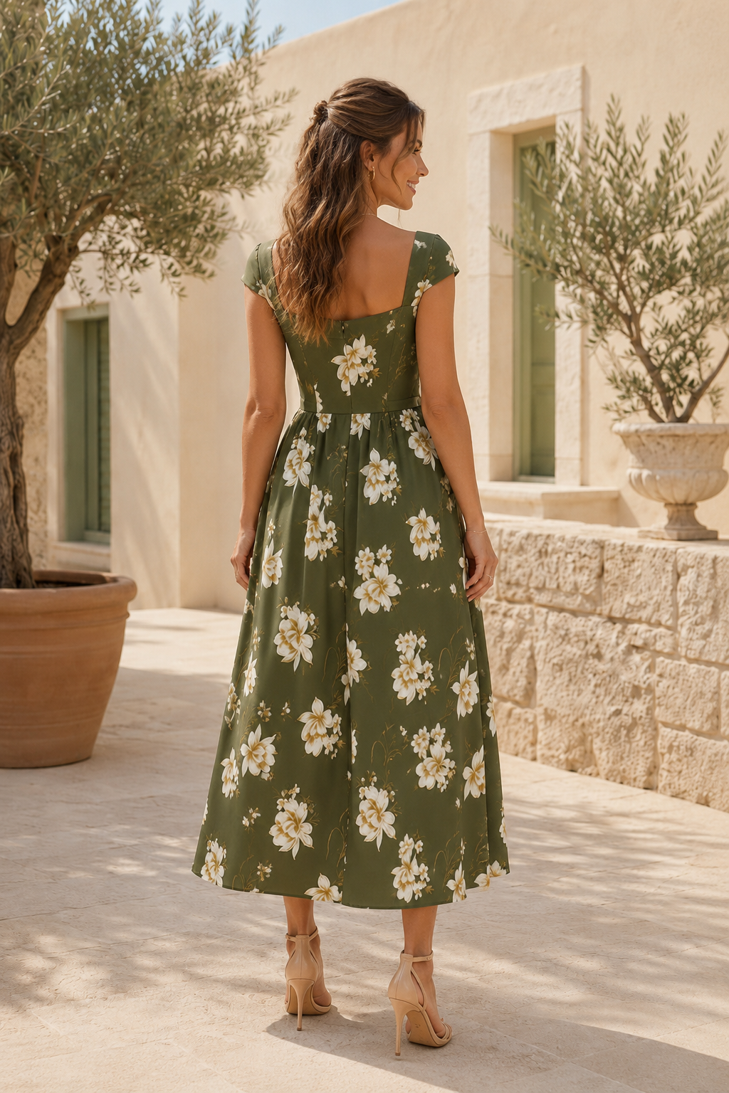 Square Neck Floral Midi Dress with Cap Sleeves