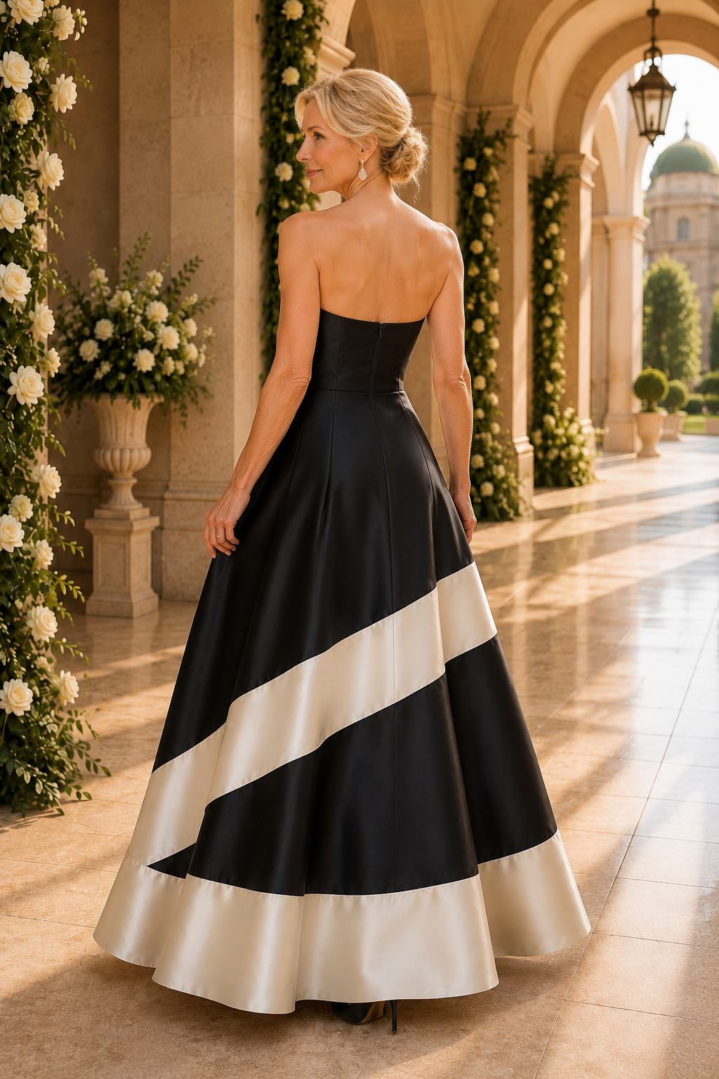 Strapless A-Line Gown with Contrast Diagonal Band