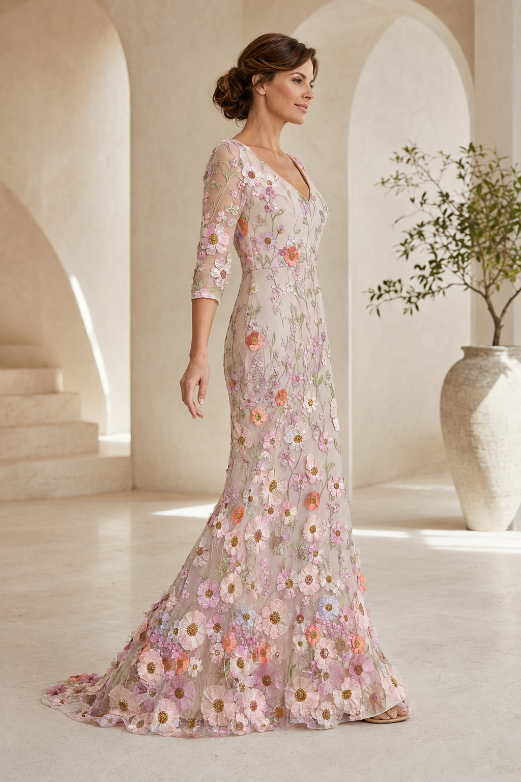 3D Floral Embroidered V-Neck Gown with 3/4 Sleeves