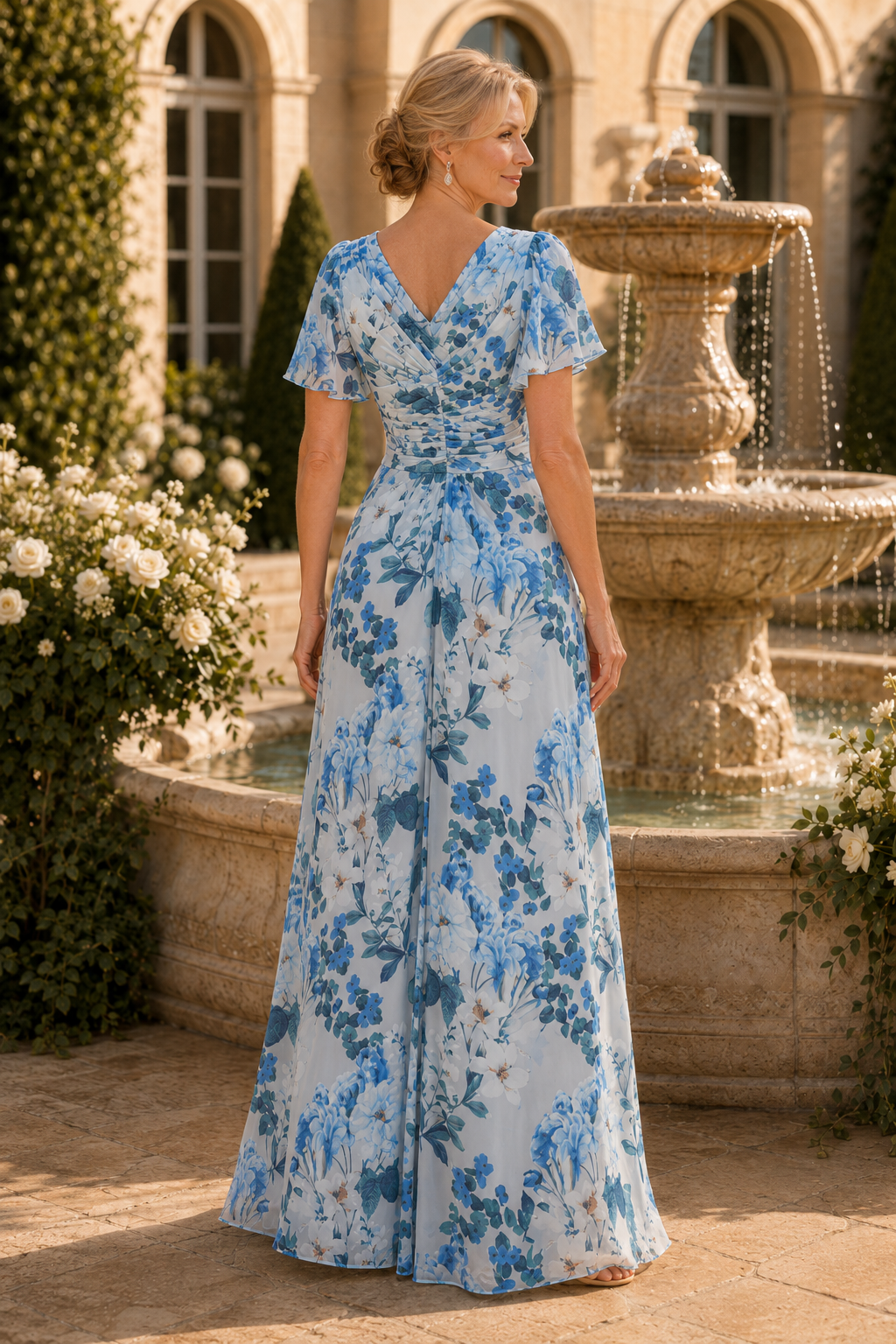 Floral Print Ruched Bodice Flutter Sleeve Maxi Dress