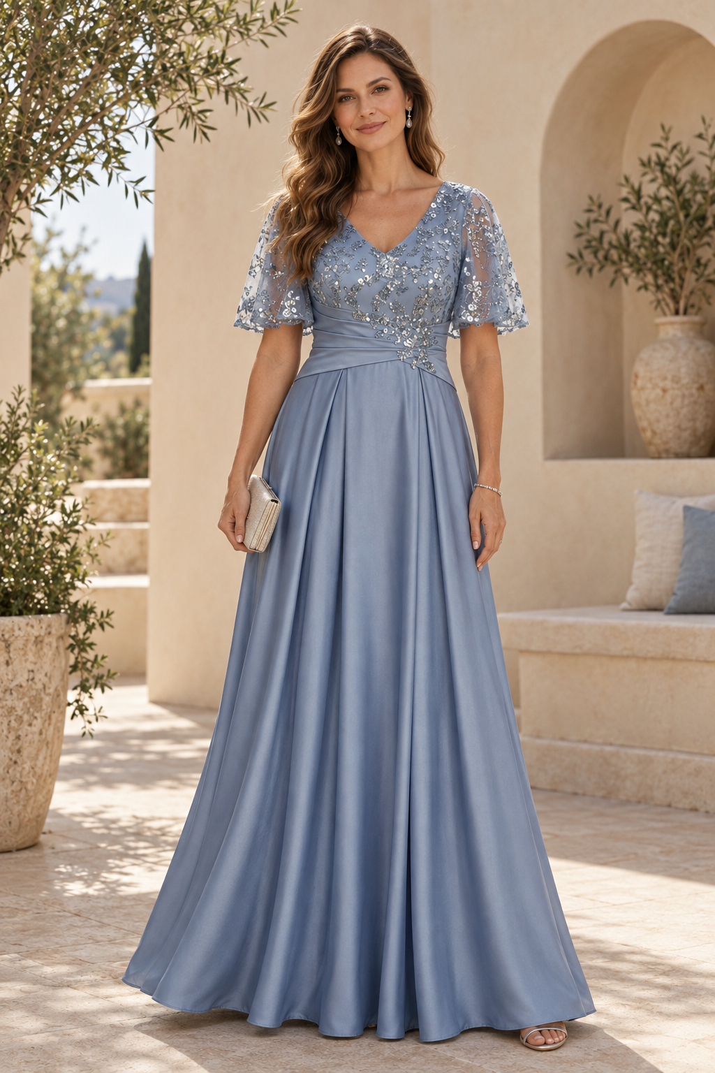 A-Line Gown with Sequin Flutter Sleeves