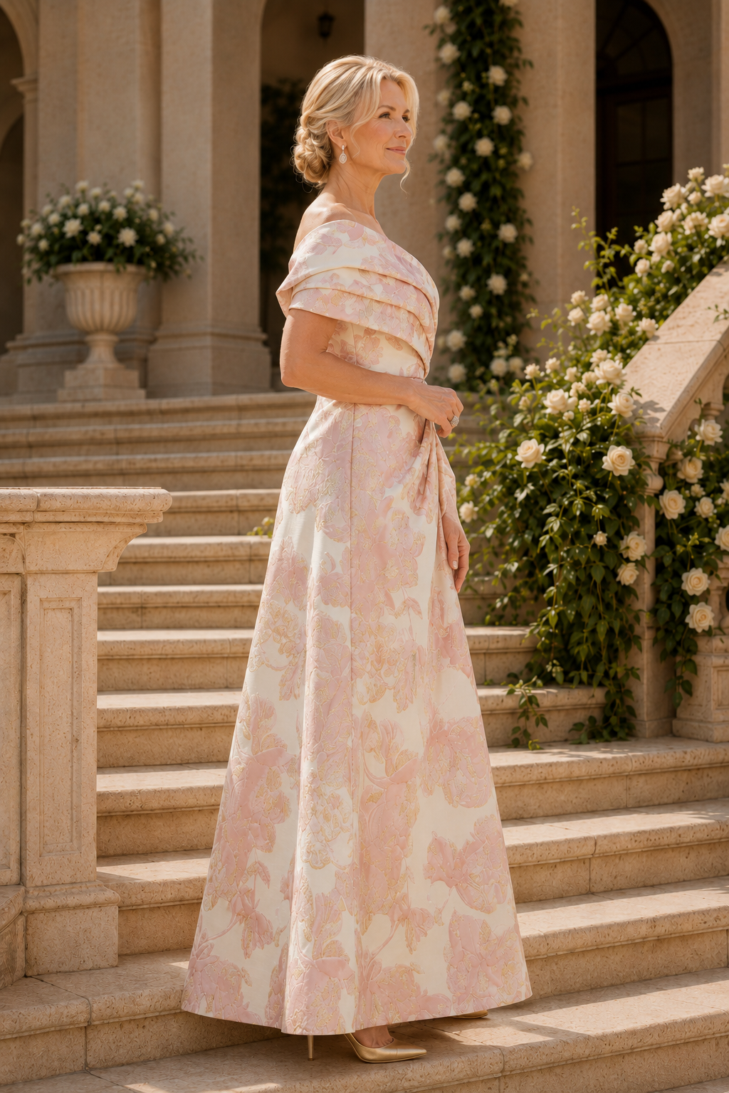 One-Shoulder Pleated Jacquard A-Line Evening Gown