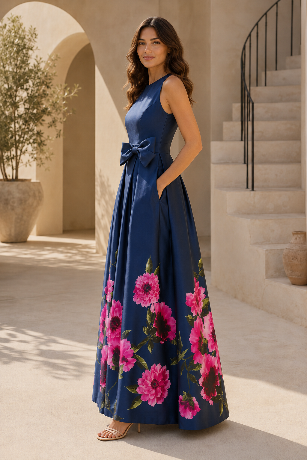 Floral Print Bow-Waist A-Line Evening Gown