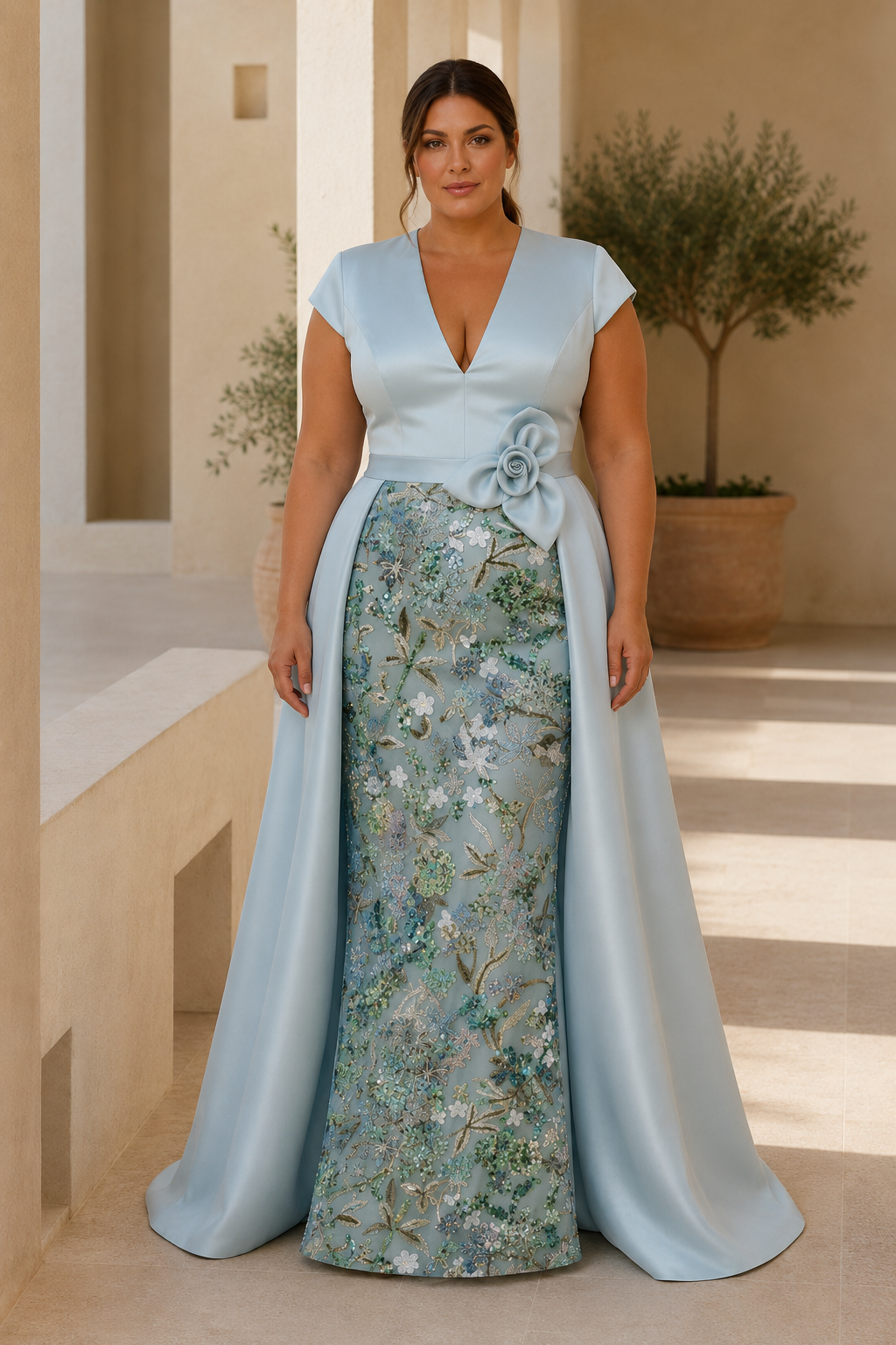 Floral Embroidered Gown with Satin Overskirt