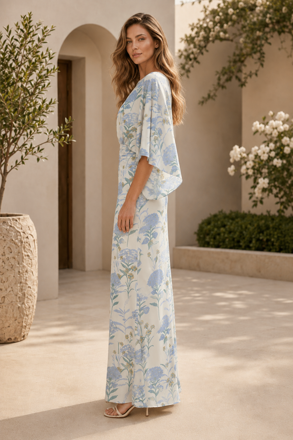 Floral Kimono Sleeve Maxi Dress with Ruched Waist