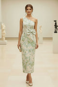 One Shoulder Jacquard Midi Dress with Bow Detail