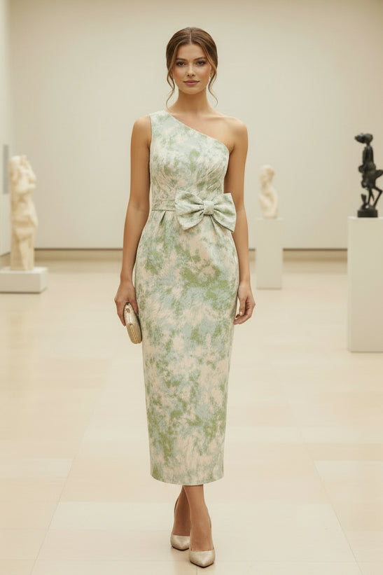 One Shoulder Jacquard Midi Dress with Bow Detail