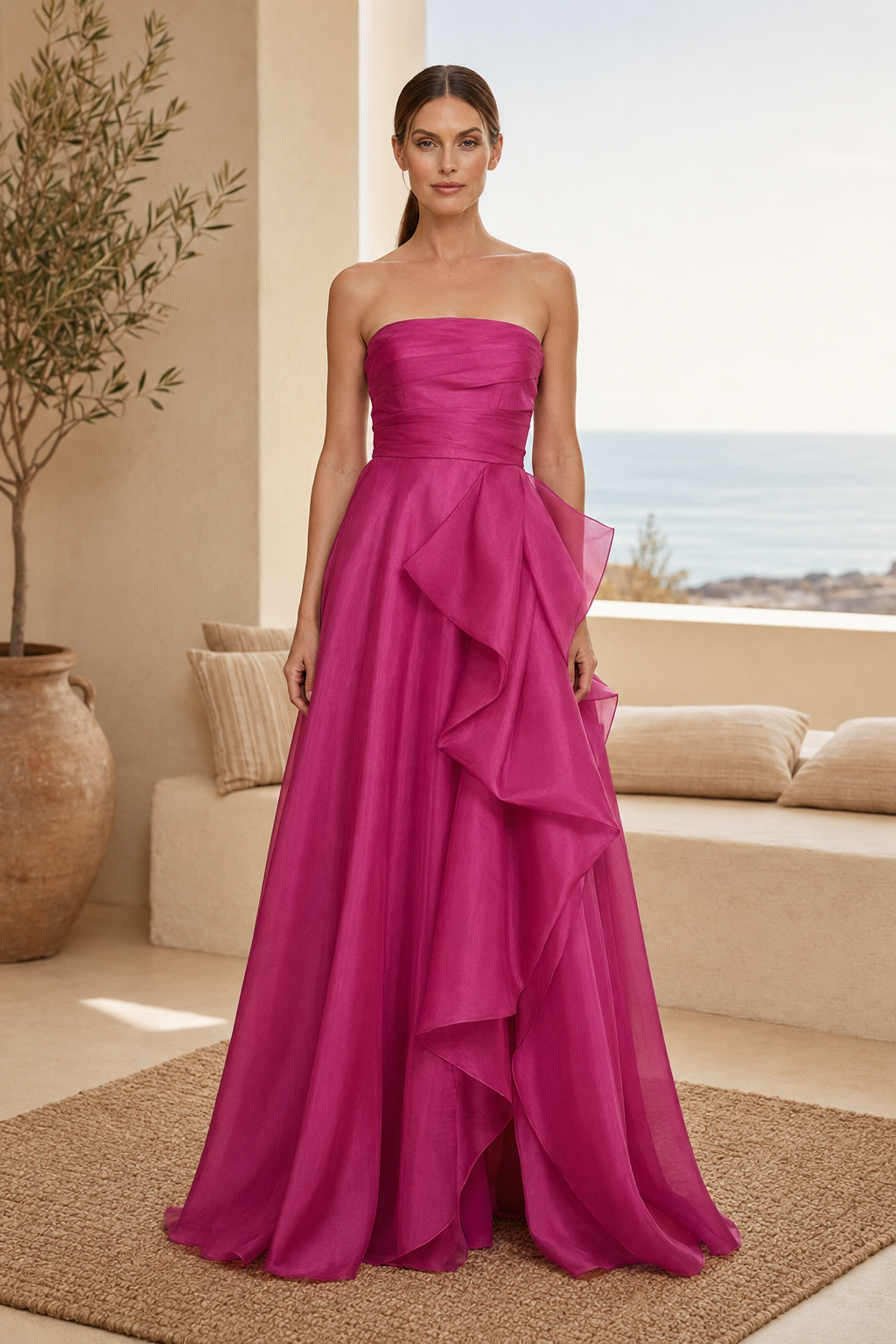Strapless Ruched Bodice A-Line Gown with Cascading Ruffle