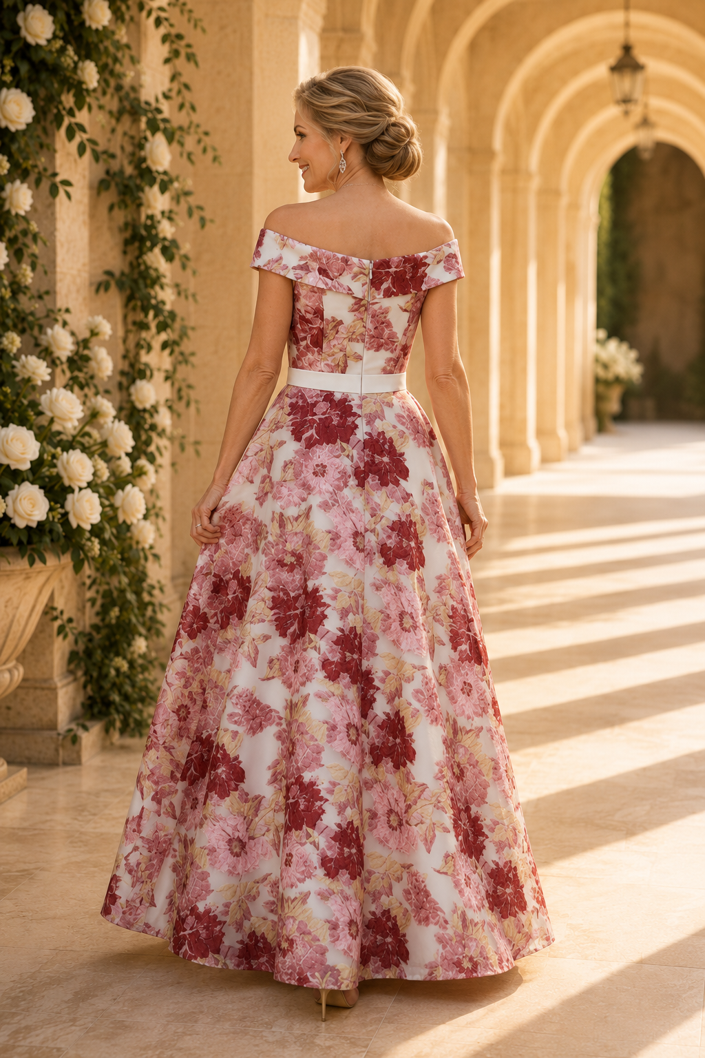 Off-the-Shoulder Floral A-Line Gown with Waistband