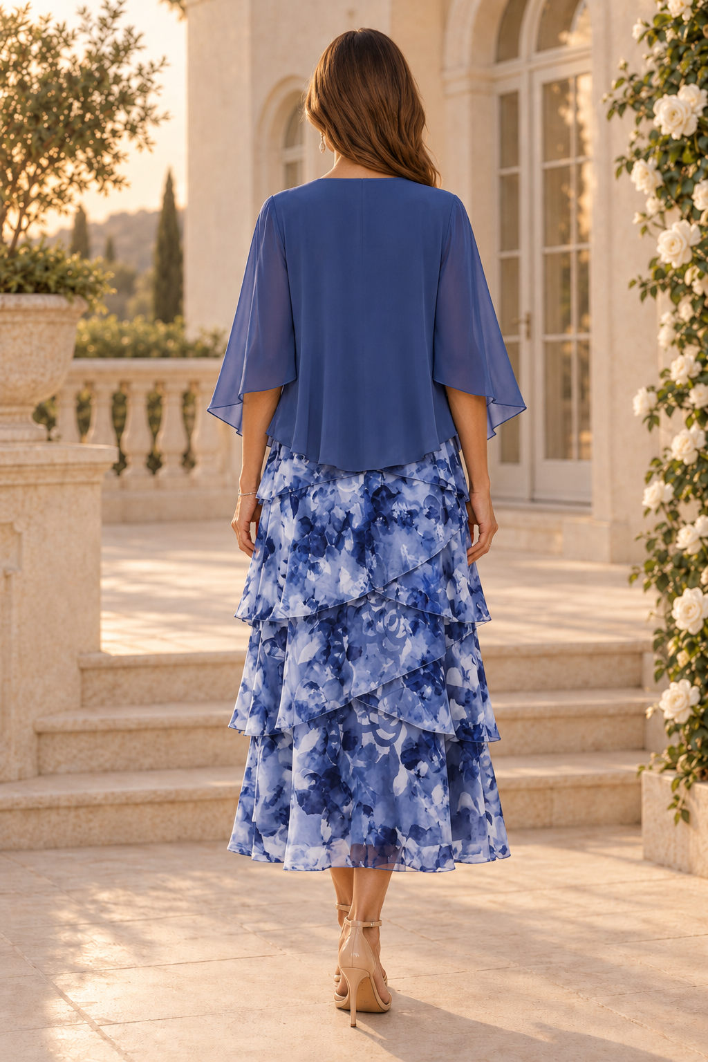 Floral Tiered Midi Dress with Chiffon Jacket
