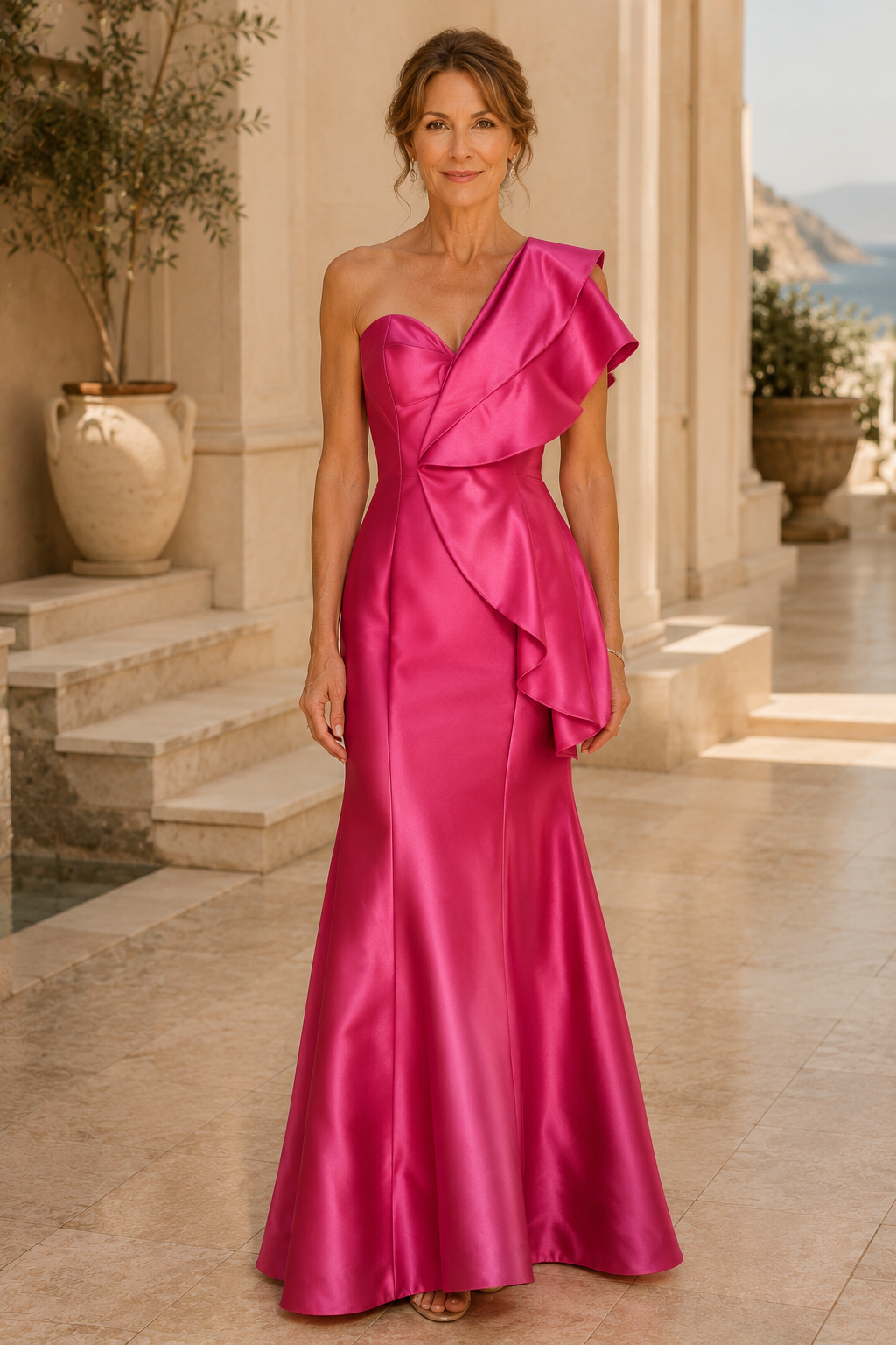 Ein-Schulter-Abendkleid aus Satin mit Rüschen und Meerjungfrauen-Schnitt