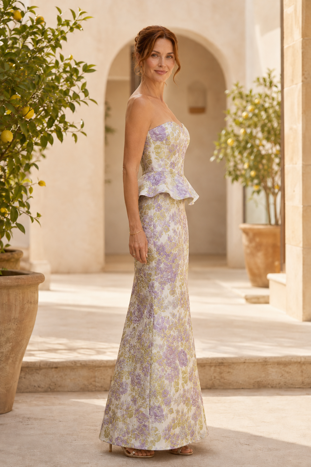Strapless Peplum Corset Maxi Dress with Floral Print