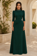 High-Neck Beaded A-Line Gown with 3/4 Sleeves