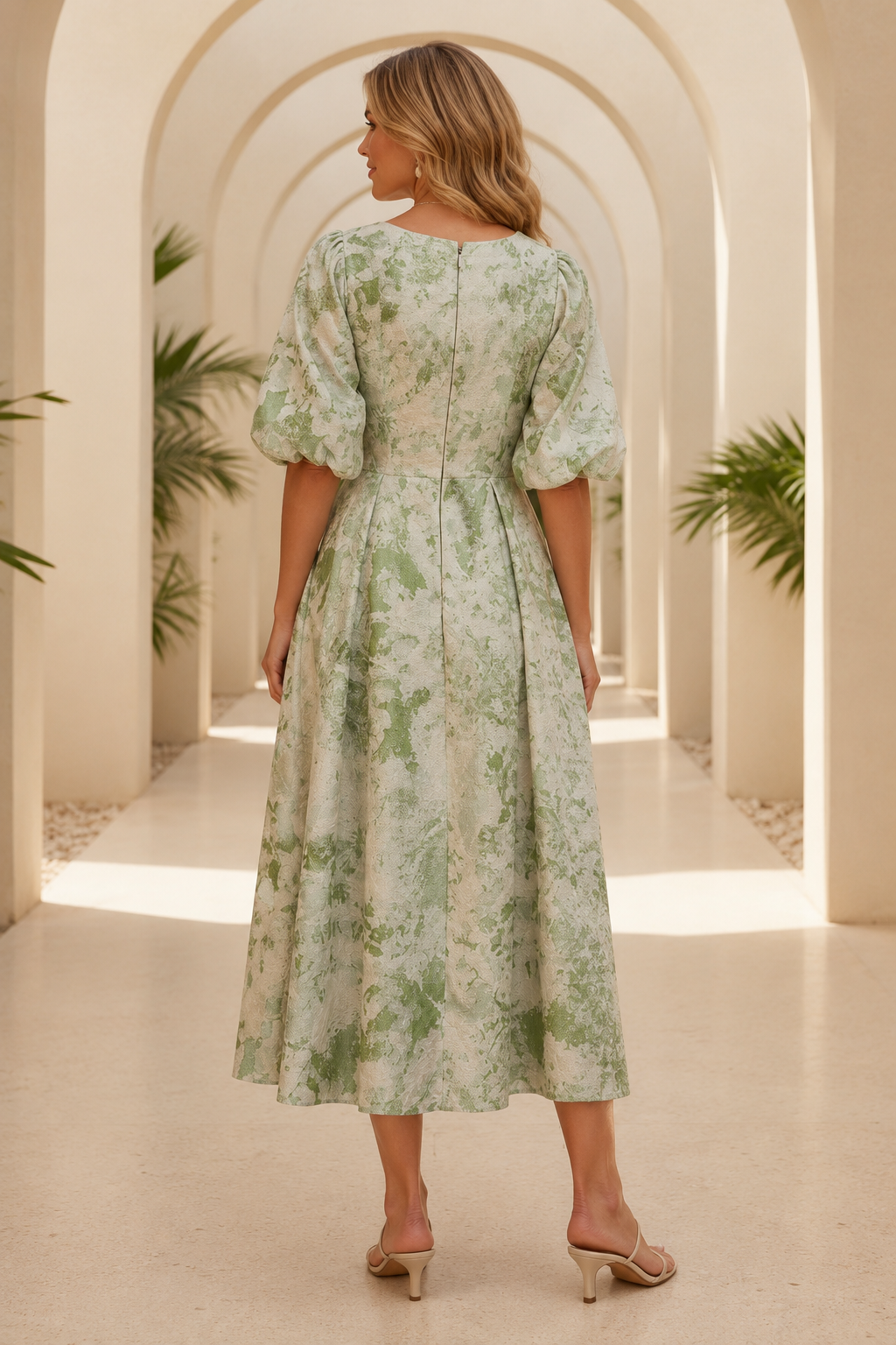 Puff Sleeve Floral Jacquard Midi Dress