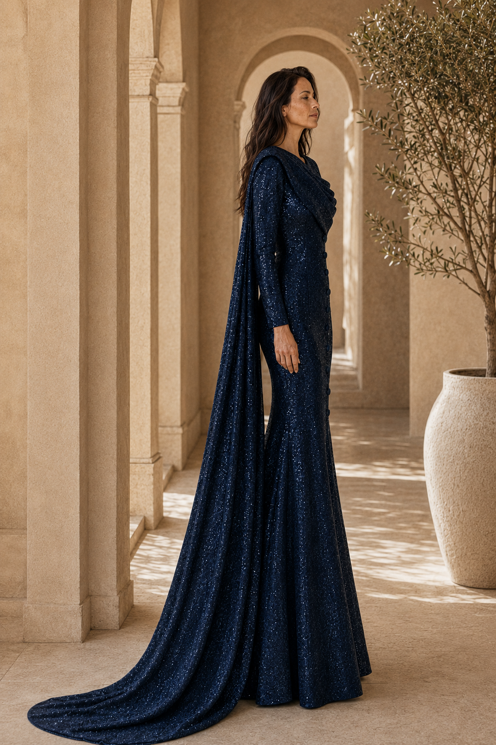 Sequin Asymmetrical Drape Cape Gown