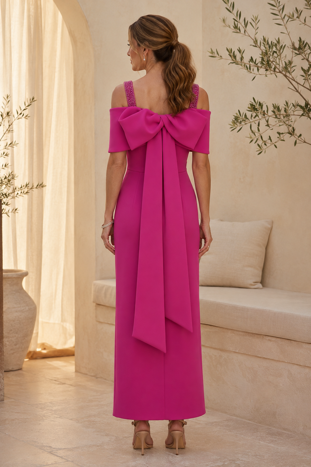 Off-Shoulder Column Dress with Beaded Straps & Back Bow