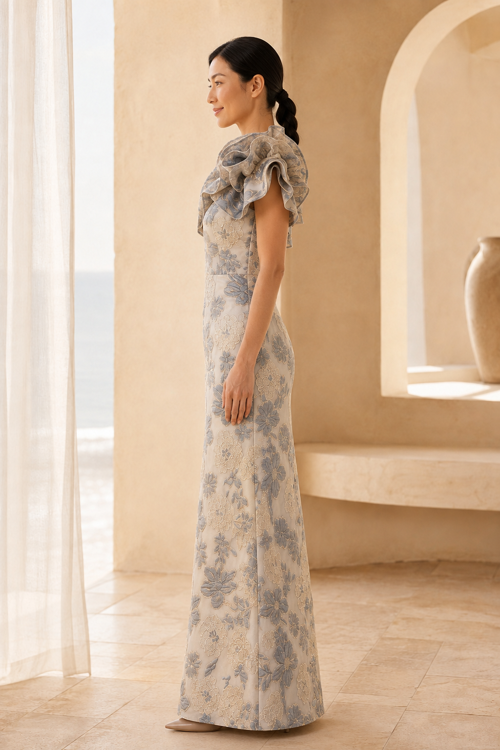 One-Shoulder Floral Jacquard Gown with Ruffle Trim