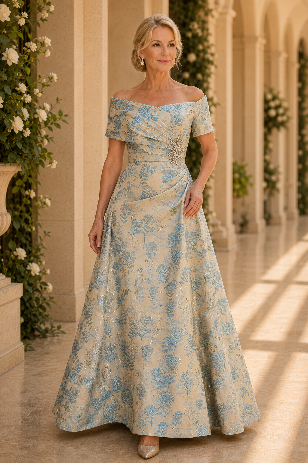 Off-the-Shoulder Floral Jacquard A-Line Gown