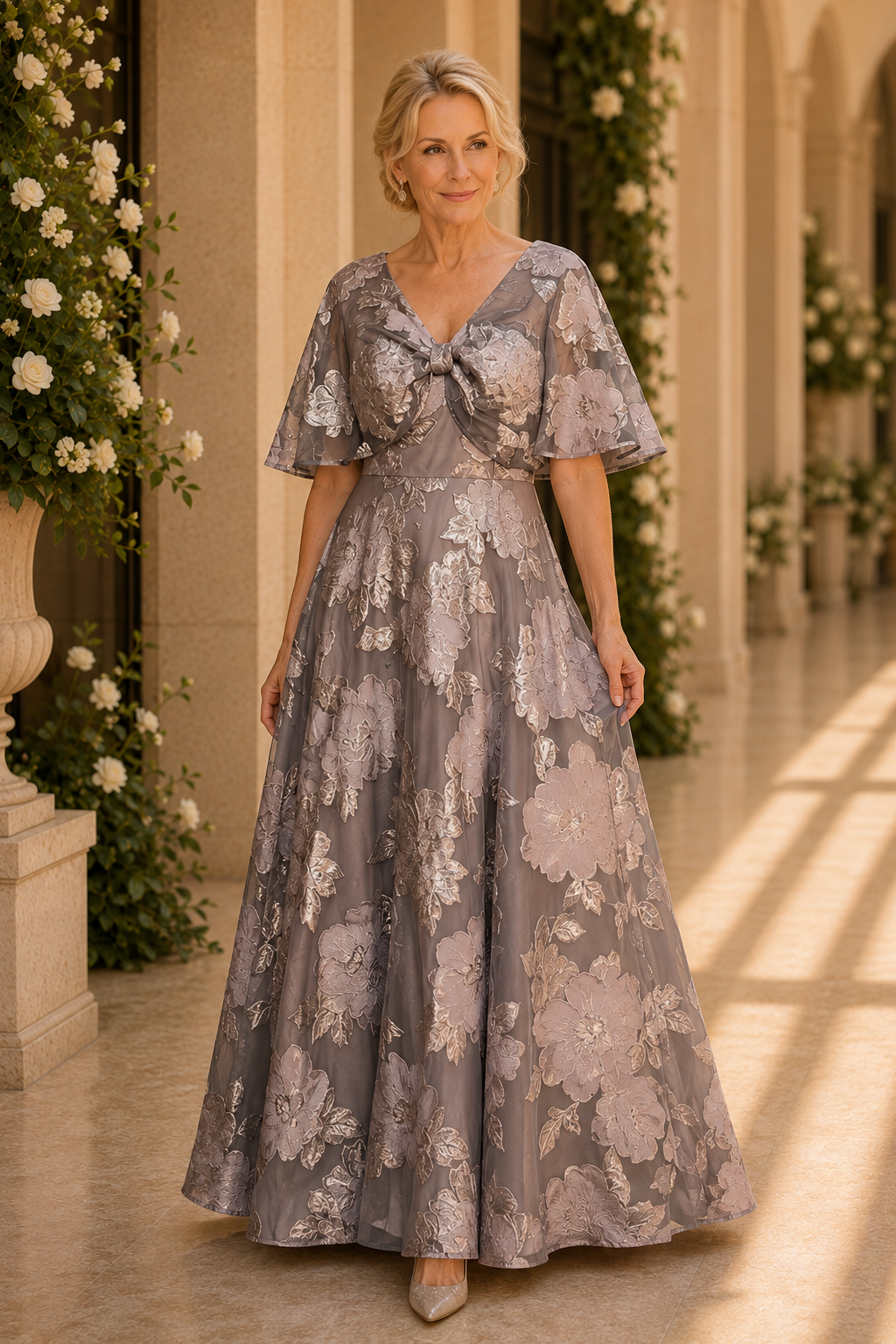 Floral Jacquard Capelet A-Line Evening Gown