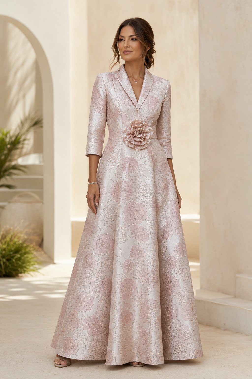 Floral Jacquard A-Line Gown with 3/4 Sleeves