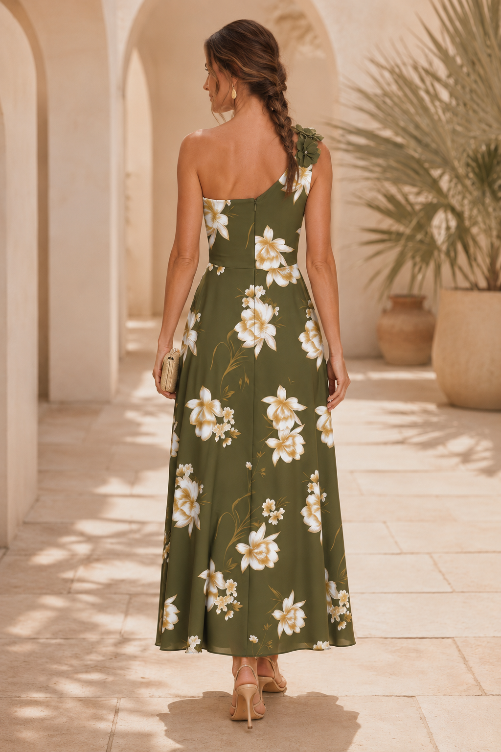 One-Shoulder Floral Midi Dress with 3D Flower