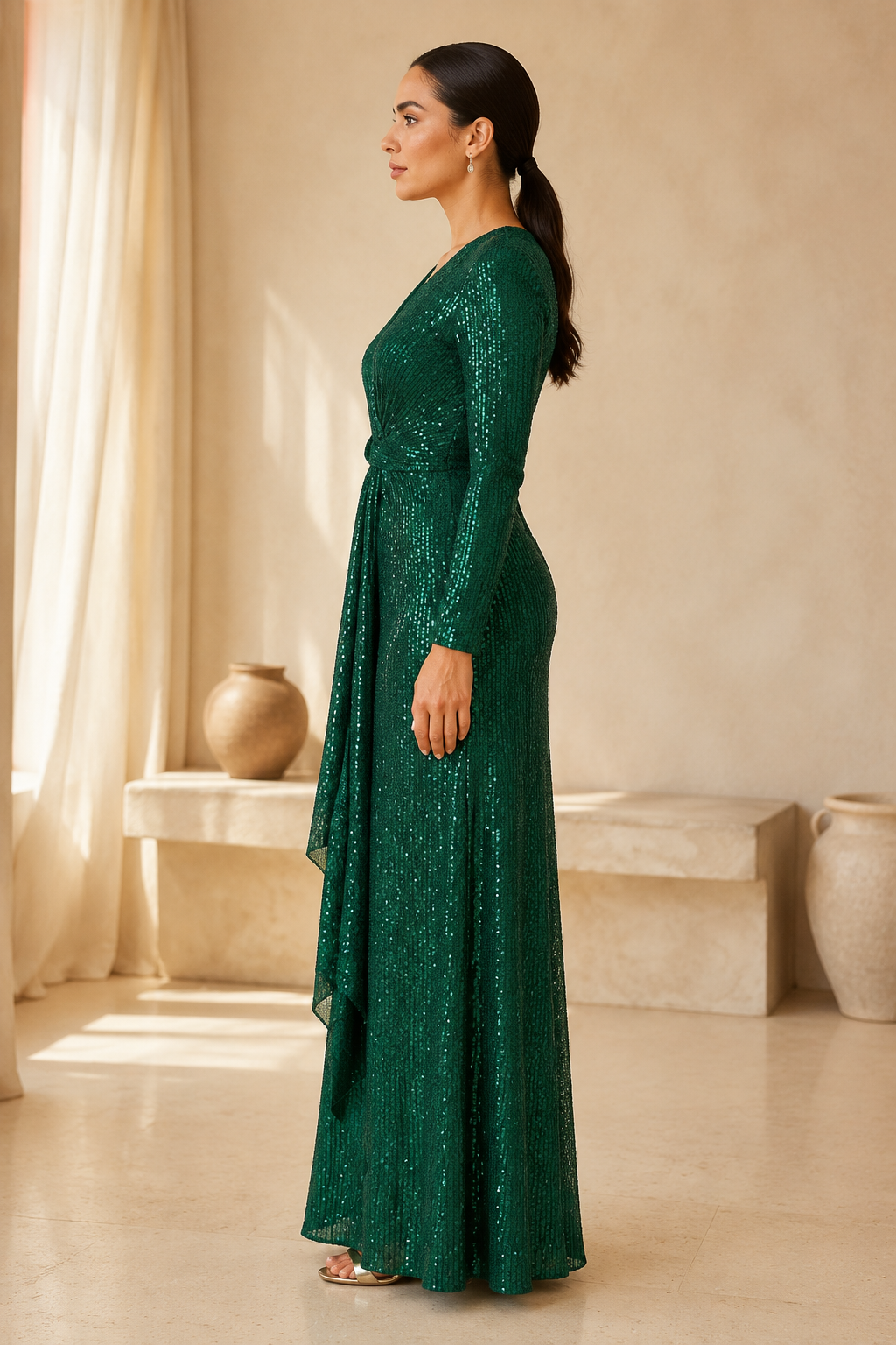 Long-Sleeve Sequin Gown with Draped Front Skirt