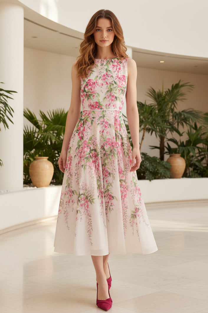 Elegant Floral Print Chiffon Midi Dress