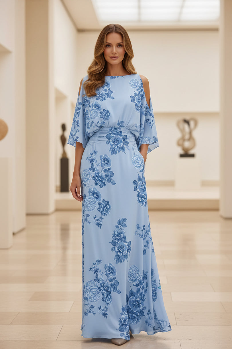 Floral Print Cold Shoulder Maxi Dress with Pockets