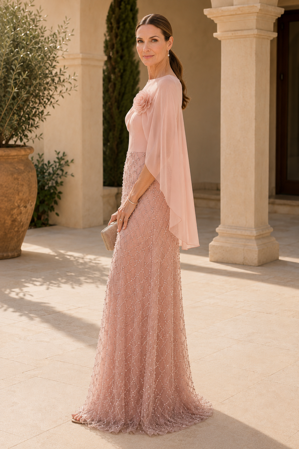 Chiffon Capelet Beaded A-Line Formal Gown
