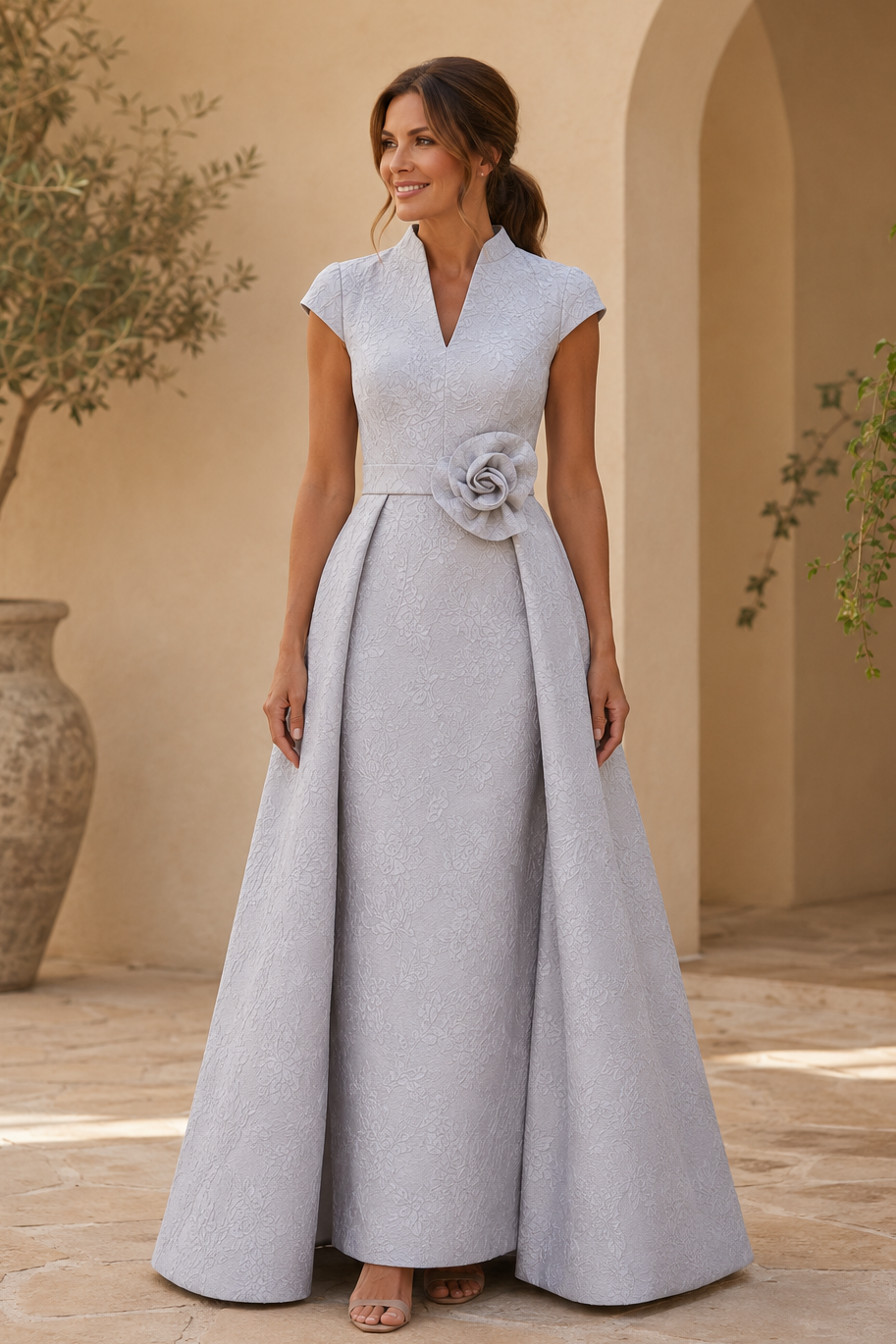Elegant Jacquard A-Line Dress with 3D Flower