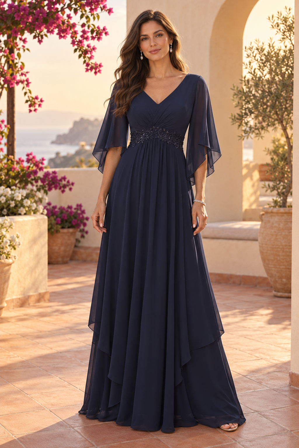 Flutter Sleeve Chiffon Maxi Dress with Beading