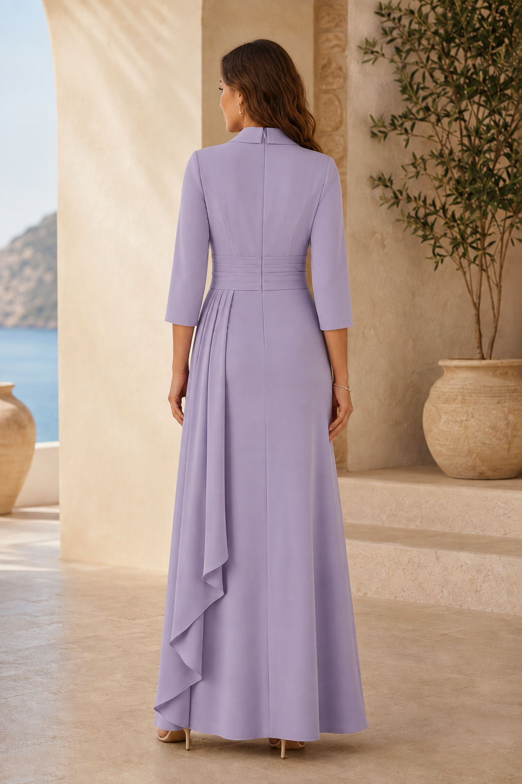 3/4 Sleeve Wrap V-Neck Evening Dress with Draped Back Hem