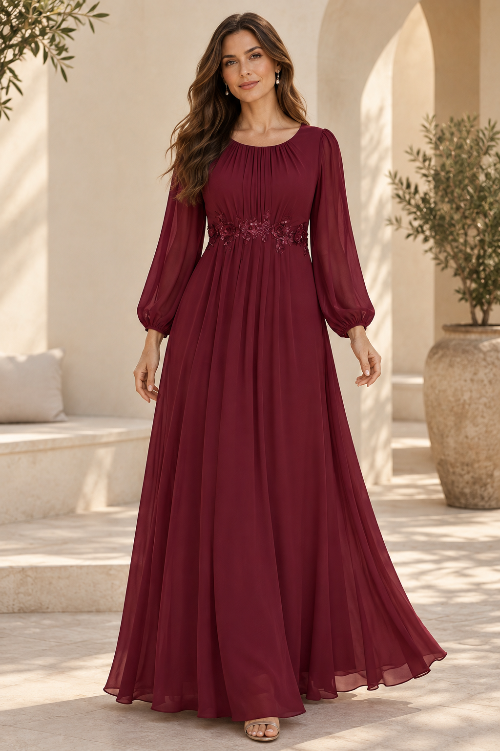 Long Sleeve Chiffon Maxi Dress with Floral Applique
