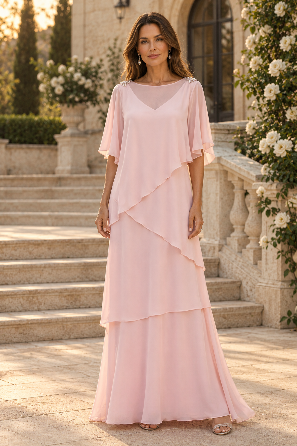 Tiered Chiffon Maxi Dress with Flutter Sleeves
