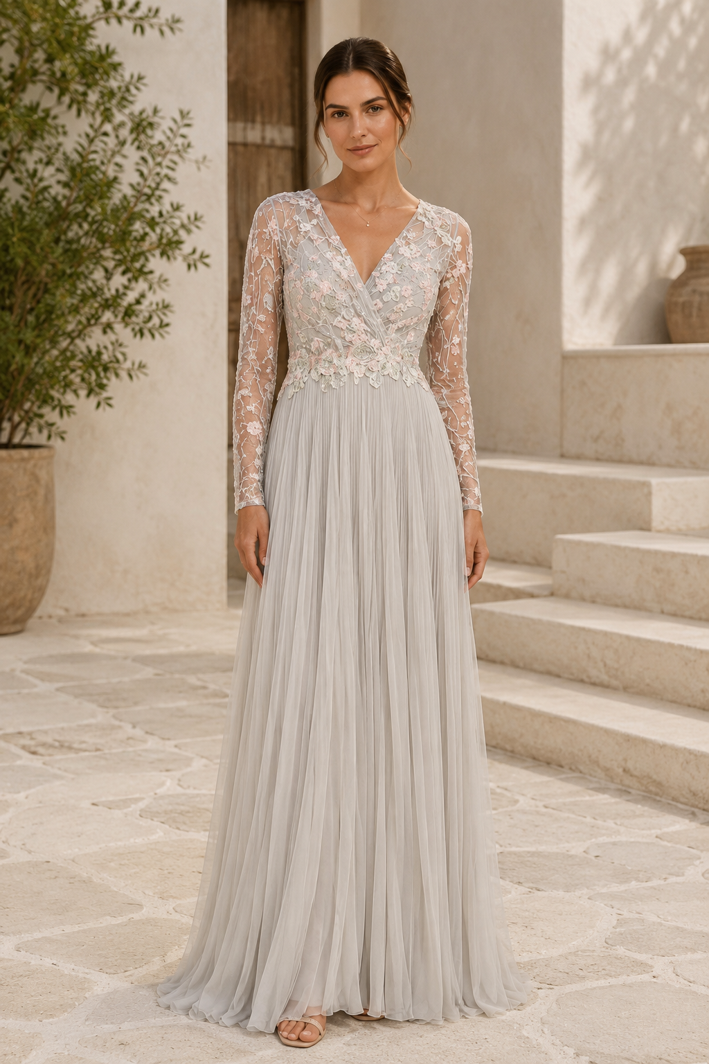 Floral Lace Illusion Long Sleeve A-Line Evening Gown