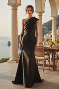 One-Shoulder Satin Evening Gown with Back Bow