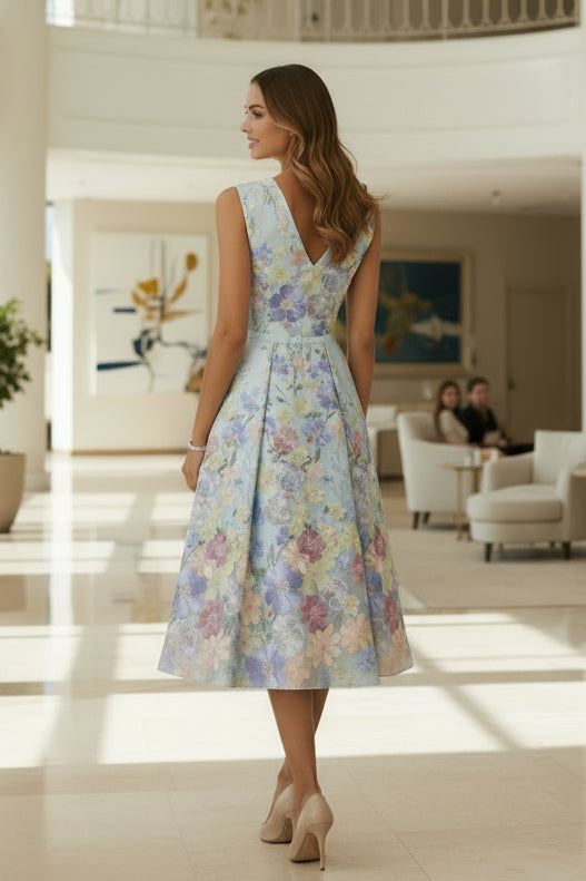 Floral Jacquard V-Neck A-Line Midi Dress