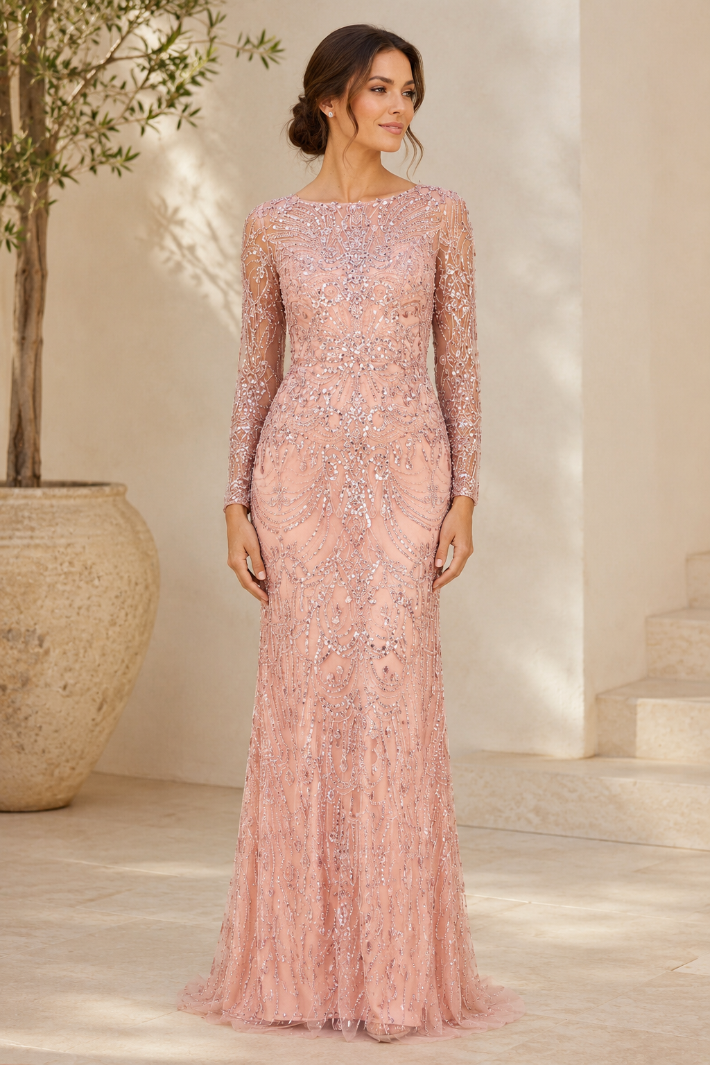 Illusion Long Sleeve Beaded Mermaid Evening Gown