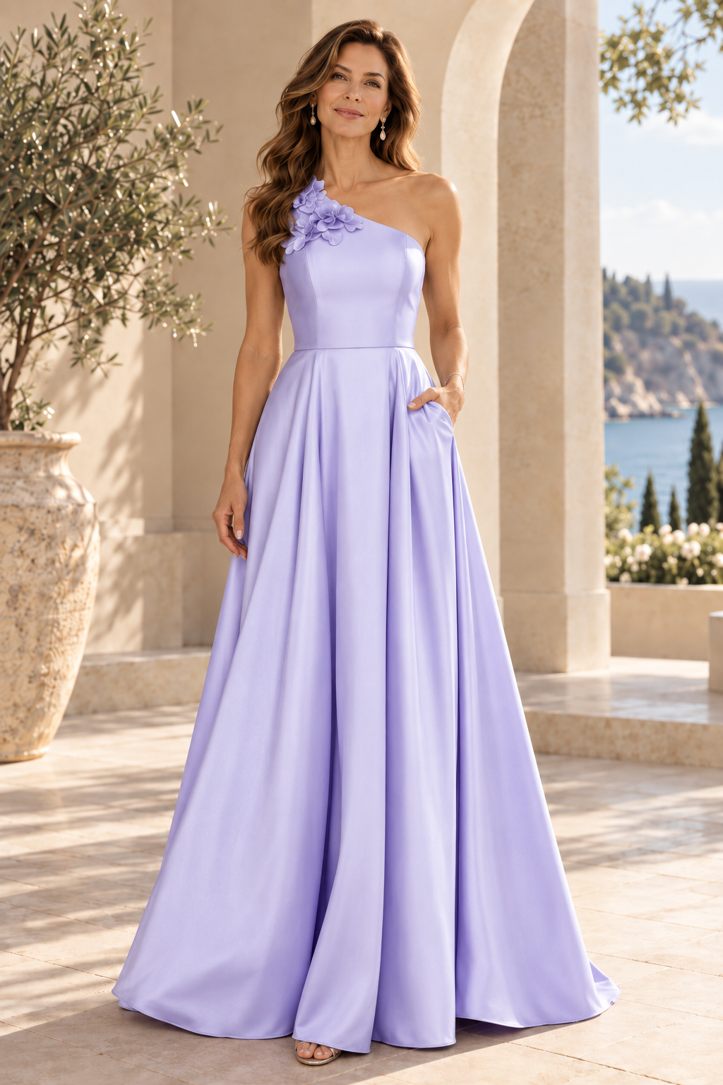 One-Shoulder Floral Appliqué Satin A-Line Gown