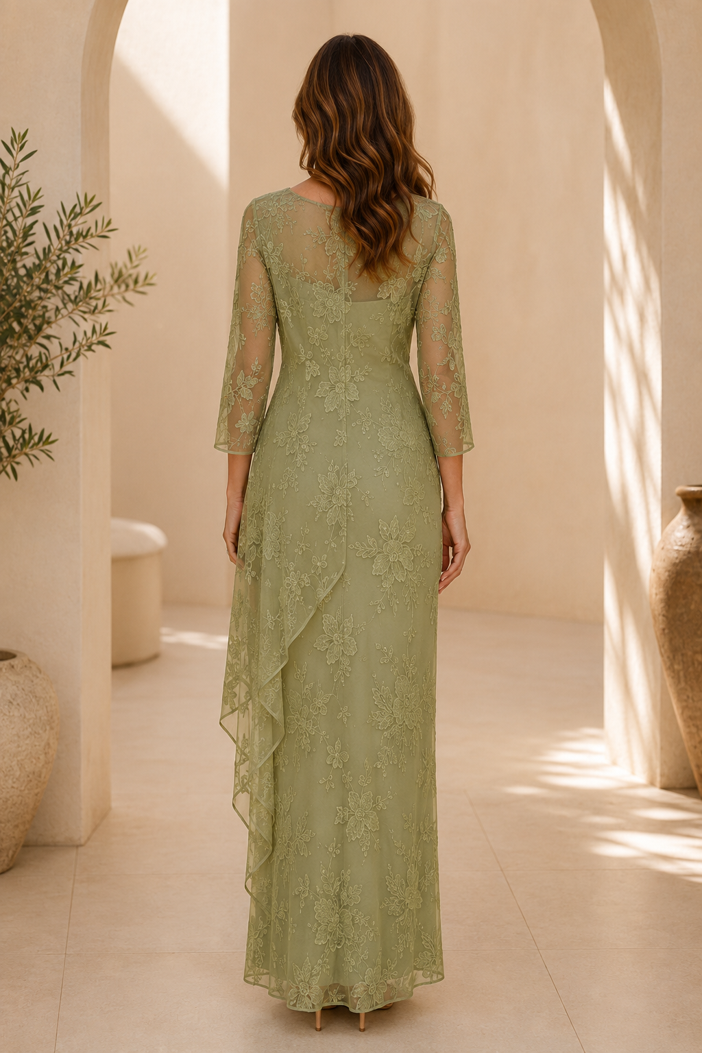 Illusion Bateau Neck Lace Gown with Side Draping