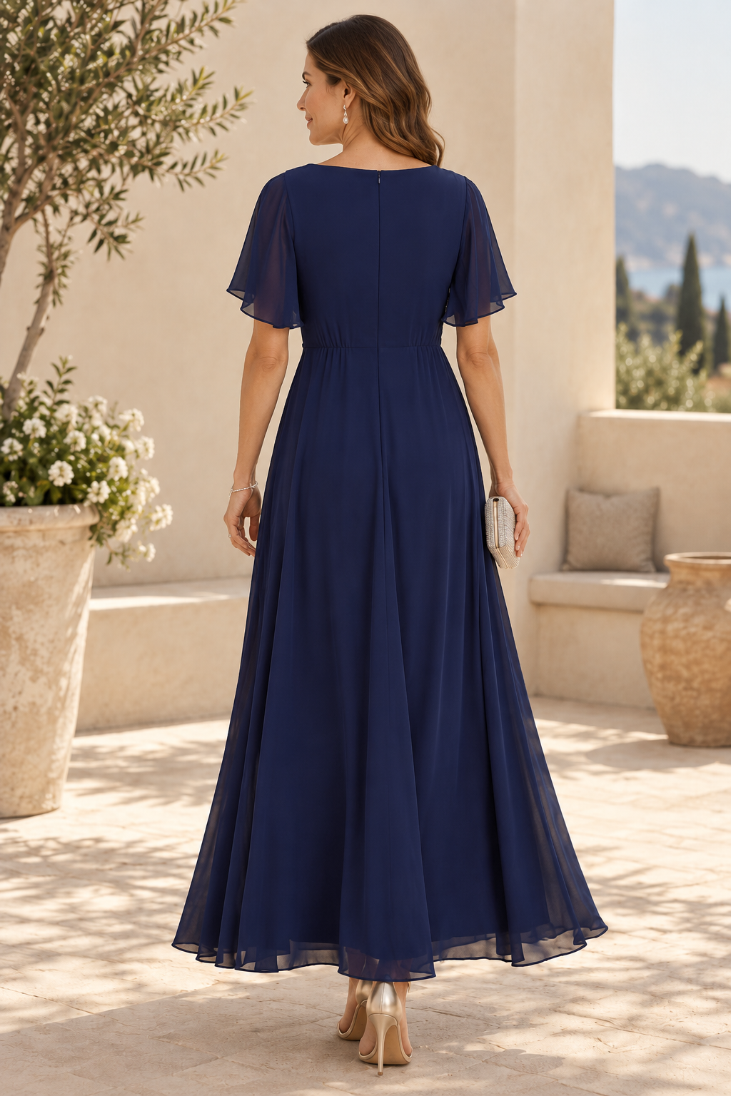 Flutter Sleeve V-Neck Embellished Maxi Dress